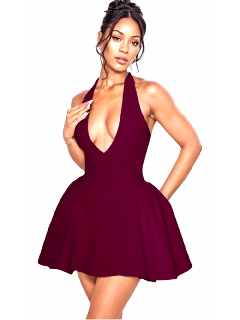 NEW Bubble Mini Dress Halter Deep V Neck Backless Sexy Club S
